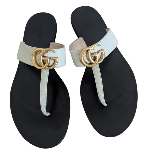 Gucci Marmont GG Thong Sandals EU 37.5 US 7.5 White Leather Flat Flip Flop Shoe